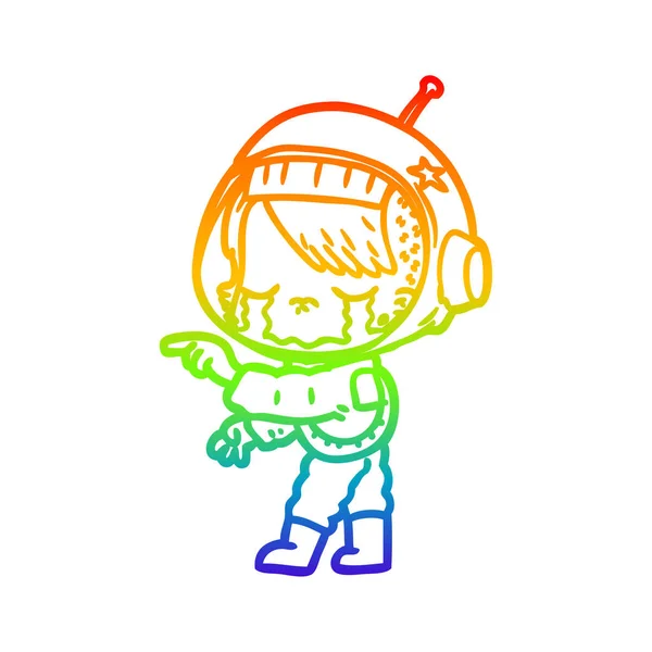Arco-íris linha gradiente desenho cartoon chorando astronauta menina — Vetor de Stock