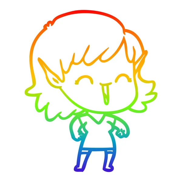 虹のグラデーションライン描画漫画エルフの女の子 — ストックベクタ