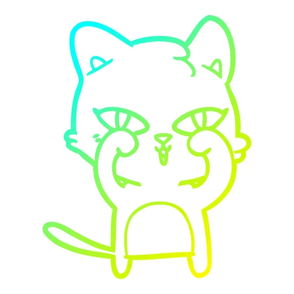 Línea de gradiente frío dibujo dibujos animados gato frotando ojos — Vector de stock
