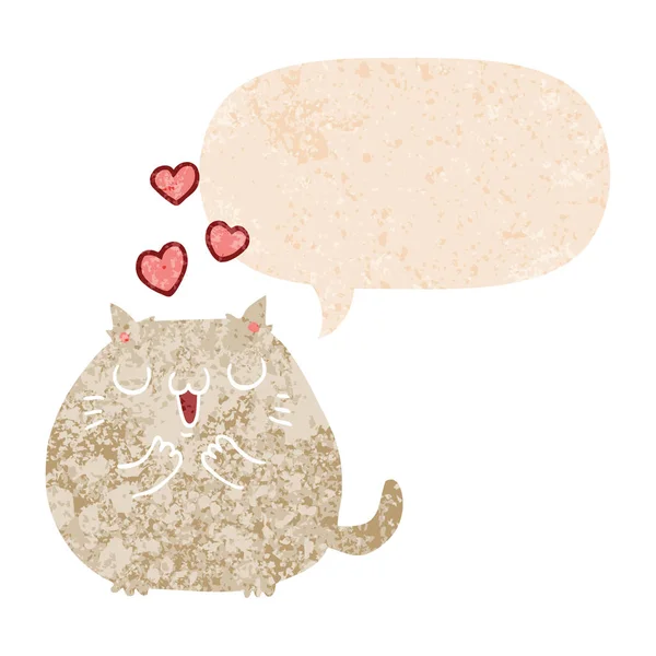 レトロなテクスチャーのスタイで愛とスピーチバブルでかわいい漫画の猫 — ストックベクタ