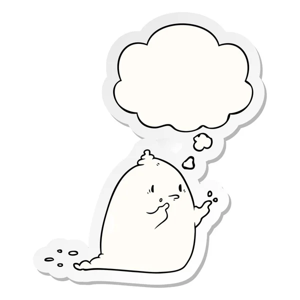 Cartoon Spooky Ghost en dacht Bubble als een gedrukte sticker — Stockvector