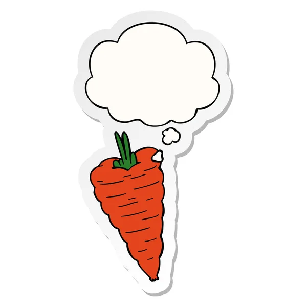 Cartoon carrot and thought bubble as a printed sticker — Stock Vector
