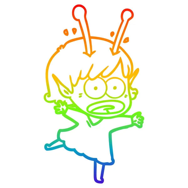 Regenboog gradiënt lijntekening cartoon geschokt Alien Girl — Stockvector