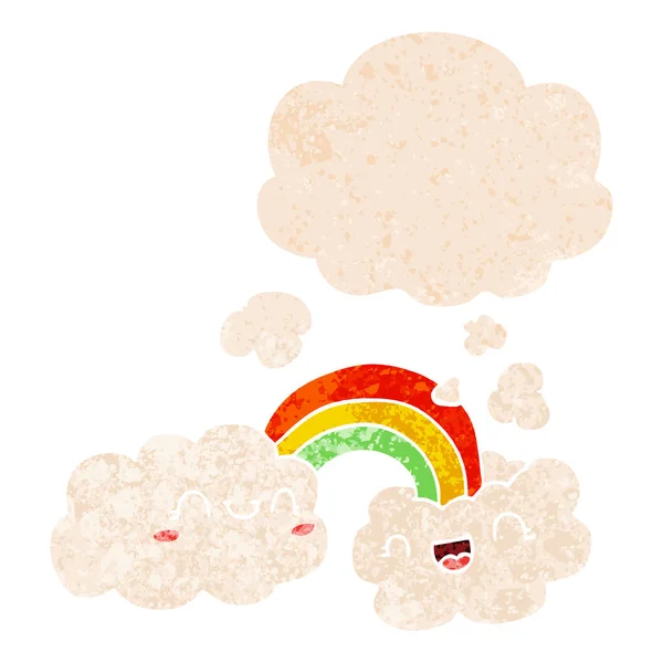 Mutlu karikatür bulutlar ve gökkuşağı ve retro tex düşünce balonu — Stok Vektör