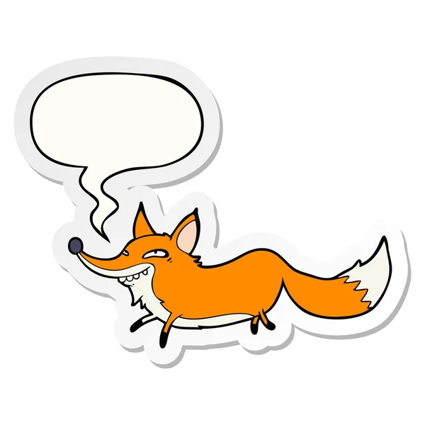 Leuke cartoon sluwe Fox en toespraak bubble sticker — Stockvector