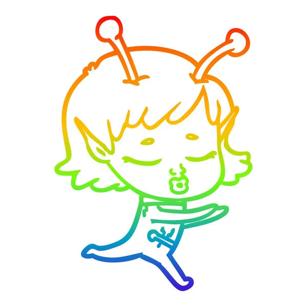 Rainbow gradient line drawing cartoon alien girl — Stock Vector