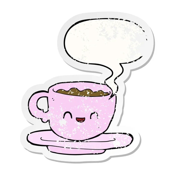 Cartoon hot cup of coffee and speech bubble distressed sticker — Stock Vector