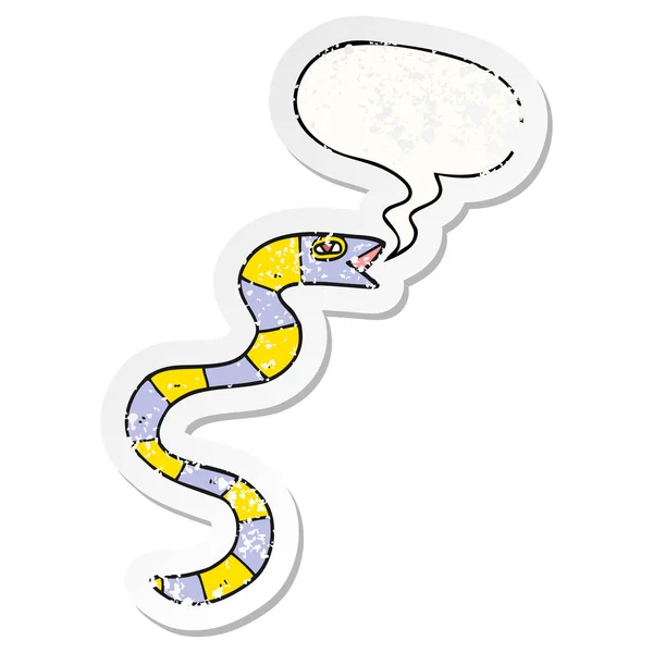 Sziszegő rajzfilm kígyó és beszéd buborék bajba jutott matrica — Stock Vector