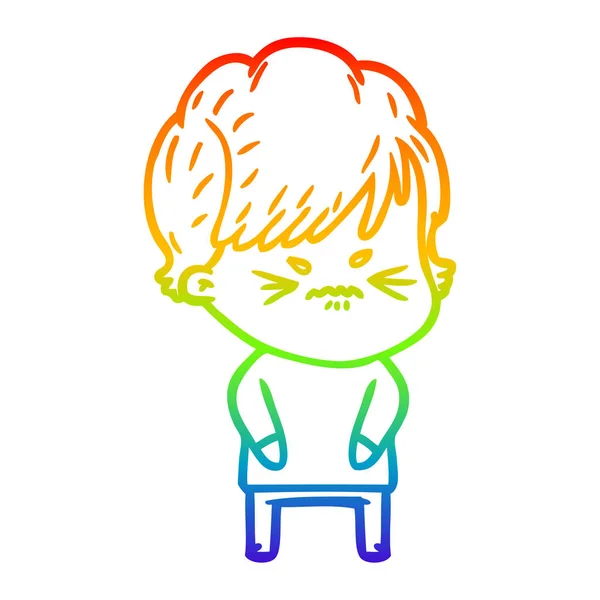 Rainbow gradient line drawing cartoon frustrated woman — Stock Vector