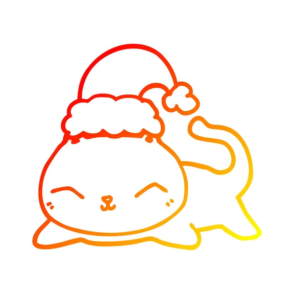 Теплая градиентная линия рисунок милый мультяшный рождественский кот — стоковый вектор