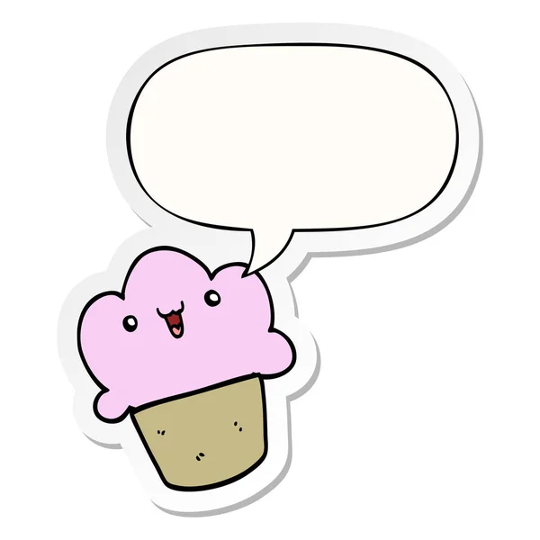 Cupcake dessin animé et visage et bulle de parole autocollant — Image vectorielle