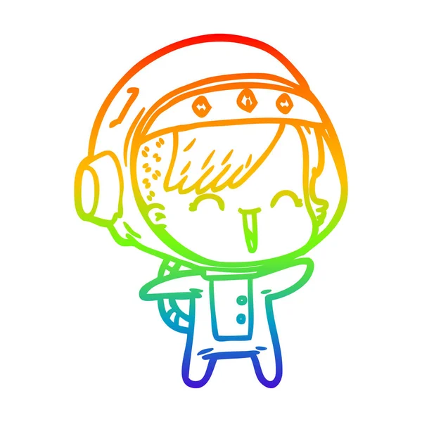 Rainbow gradient line drawing happy cartoon space girl — Stock Vector