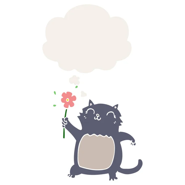 Cartoon cat with flower and thought bubble in retro style — Stock Vector