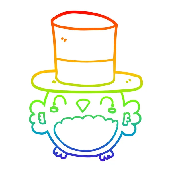 Rainbow gradient ligne dessin dessin hibou portant chapeau haut de forme — Image vectorielle