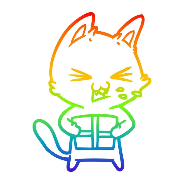 Linea gradiente arcobaleno disegno cartone animato sibilante gatto con Natale — Vettoriale Stock
