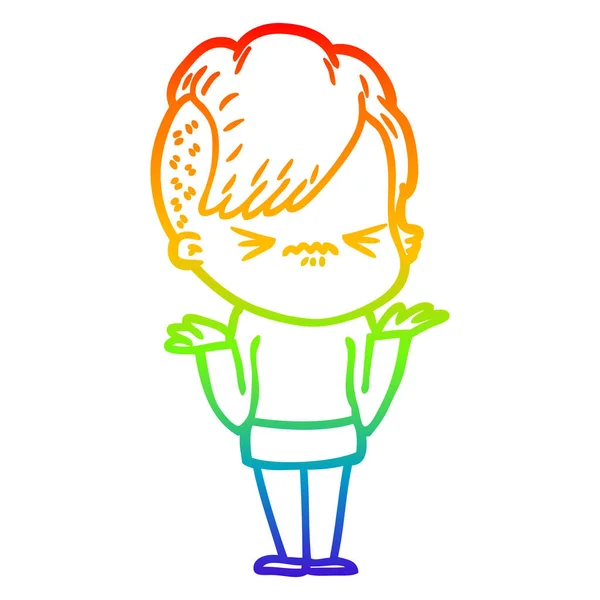 Regenbogen-Gradienten-Linie Zeichnung Karikatur genervt Hipster-Mädchen — Stockvektor