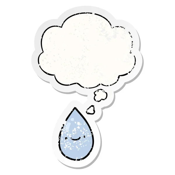 Goccia di pioggia cartone animato e bolla di pensiero come un adesivo indossato angosciato — Vettoriale Stock
