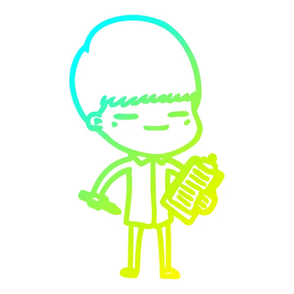 Linie de gradient rece desen desene animate smug băiat cu clip board — Vector de stoc