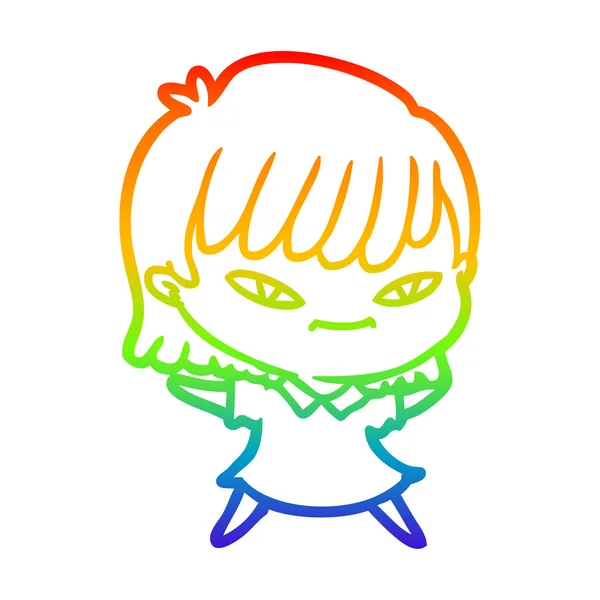 Rainbow gradient line drawing cartoon woman — Stock Vector