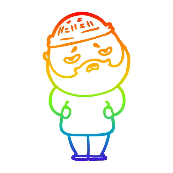 Arco iris gradiente línea dibujo dibujos animados preocupado hombre con barba — Vector de stock