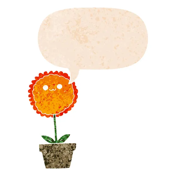 Kwiat kreskówki i bańka mowy w stylu retro teksturowane — Wektor stockowy