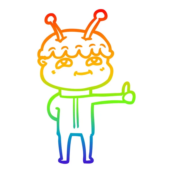 Rainbow gradient line drawing friendly cartoon spaceman — Stock Vector