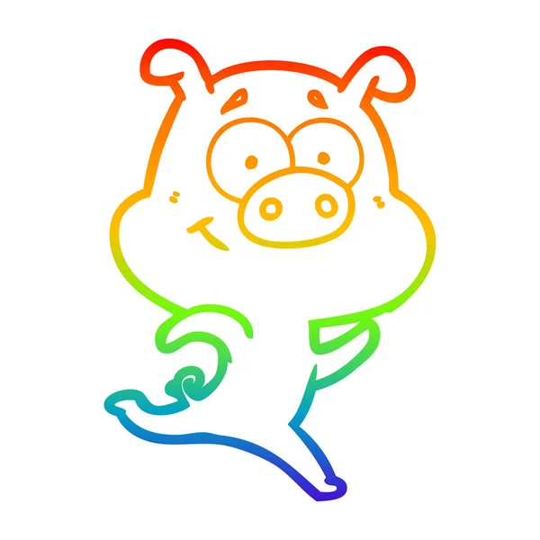 Rainbow gradient line drawing happy cartoon pig running — Stock Vector