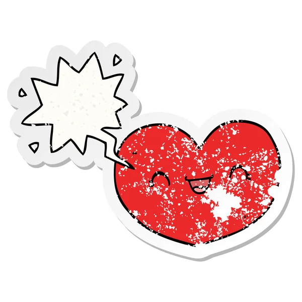 Cartoon love heart and speech bubble distressed sticker — Stock Vector