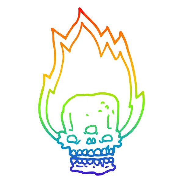 Rainbow gradient line drawing spooky cartoon flaming skull — Stock Vector