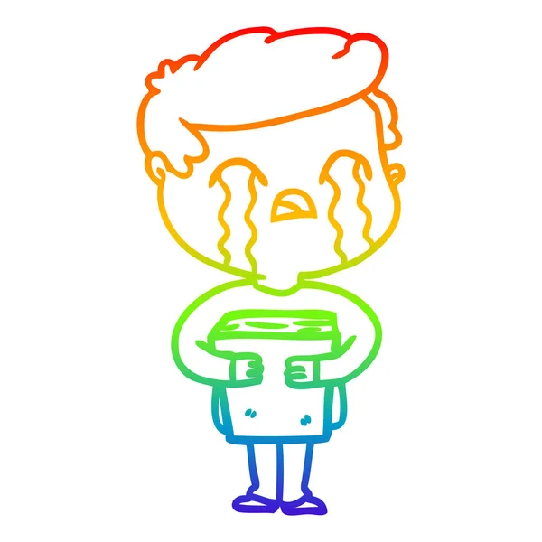 Regenboog gradiënt lijntekening cartoon man huilen Holding boek — Stockvector