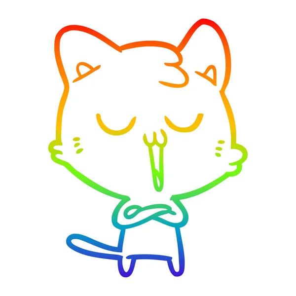 Rainbow gradient line drawing cartoon cat singing — Stock Vector
