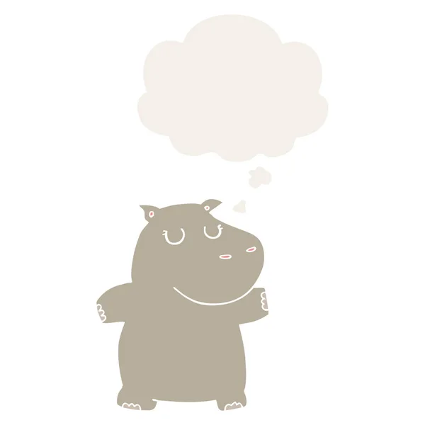 Cartoon hippo and thought bubble in retro style — Stock Vector