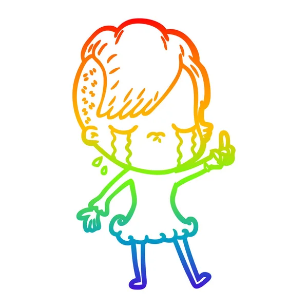Rainbow gradient line drawing cartoon crying girl — Stock Vector