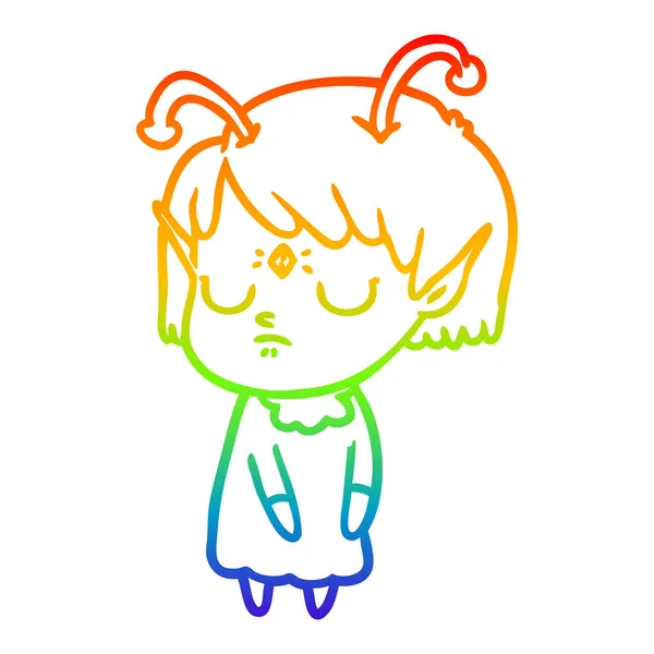 Arcobaleno gradiente linea disegno cartone animato ragazza aliena — Vettoriale Stock