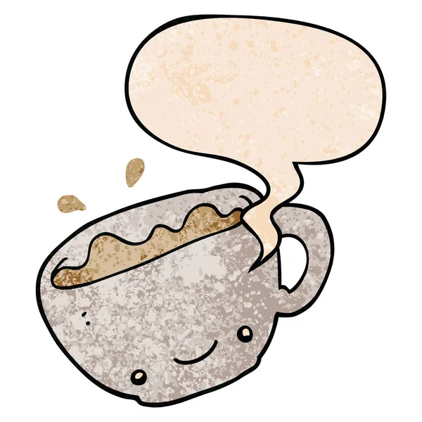 Taza de dibujos animados de café y burbuja del habla en estilo de textura retro — Vector de stock