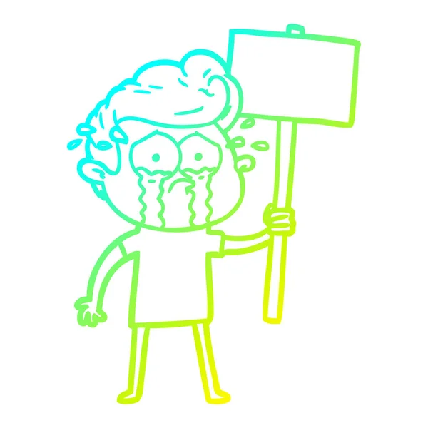Línea de gradiente frío dibujo dibujos animados llorando manifestante — Vector de stock