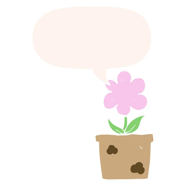 Fleur de dessin animé mignon et bulle de la parole dans le style rétro — Image vectorielle