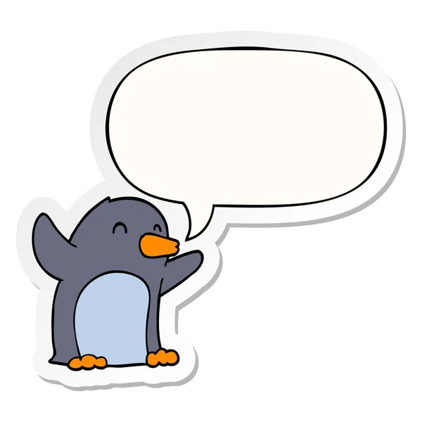 Dessin animé excité pingouin et bulle de la parole autocollant — Image vectorielle