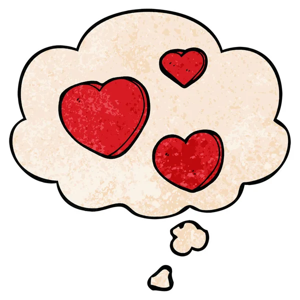 Dibujos animados amor corazones y pensamiento burbuja en grunge textura patrón — Vector de stock