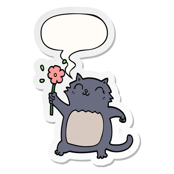 Cartoon kat en bloem en toespraak bubble sticker — Stockvector