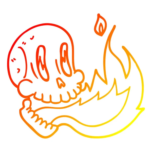 Linha gradiente quente desenho desenho desenho animado crânio flamejante — Vetor de Stock