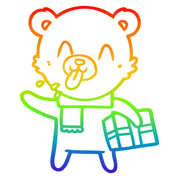 彩虹渐变线绘制粗鲁卡通熊与目前 — 图库矢量图片
