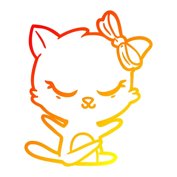Warme kleurovergang lijntekening cute cartoon kat met strik — Stockvector