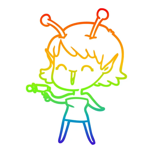 Rainbow gradient line drawing cartoon alien girl laughing — Stock Vector