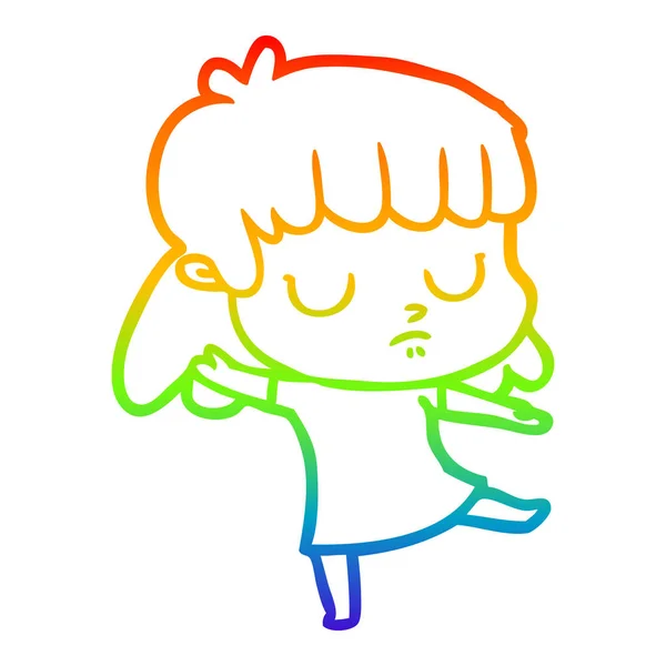 虹のグラデーションライン描画漫画無関心な女性の踊り — ストックベクタ