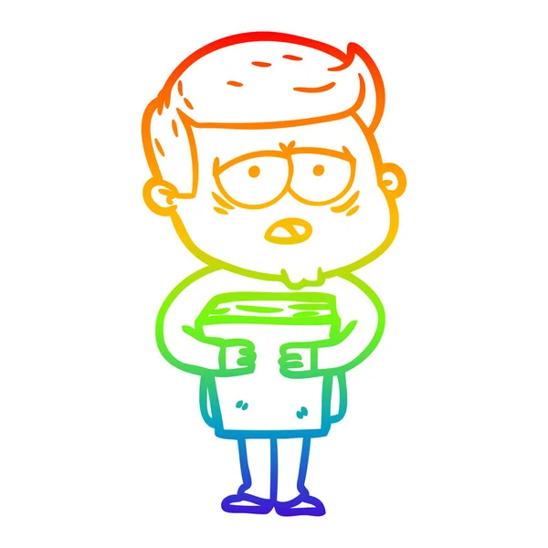 Arco iris gradiente línea dibujo dibujos animados hombre cansado — Vector de stock