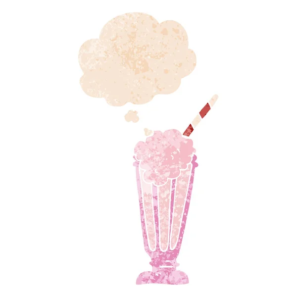 Cartoon milkshake en gedachte bubble in retro getextureerde stijl — Stockvector