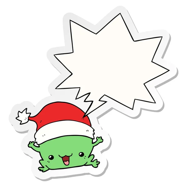 Lindo dibujo animado Navidad rana y el habla burbuja pegatina — Vector de stock