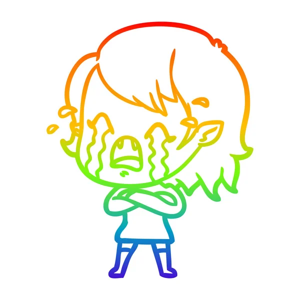 Rainbow gradient line drawing cartoon crying vampire girl — Stock Vector