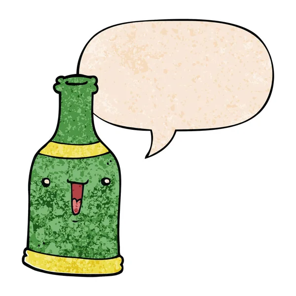 Bouteille de bière de dessin animé et bulle de parole dans le style de texture rétro — Image vectorielle